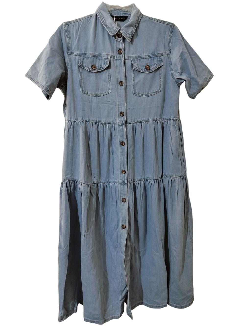 5626)Tendency L Denim Tiered Button Sown Short Sleeve Pocket Boho Midi Dress